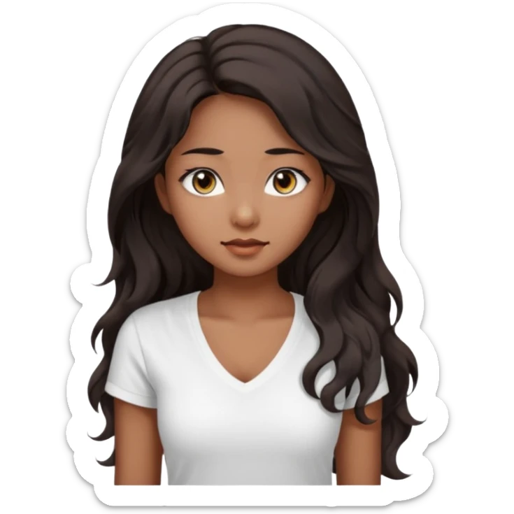 iOS style emoji. A girl with very long dark brown wavy hair. And the eyes color is dark brown. And she is wearing white t shirt with V kneck. And she is 30. She is Asian with double eyelids  sticker