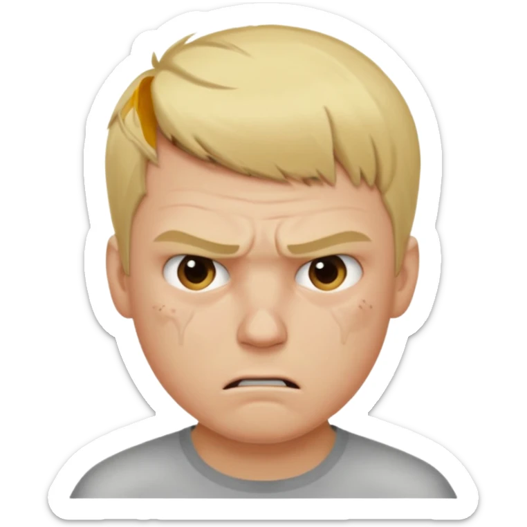 a blond guy with a short haircut, a tired and angry face, no shirt, with bruises under his eyes, and signs of beatings on his body, in the dark sticker