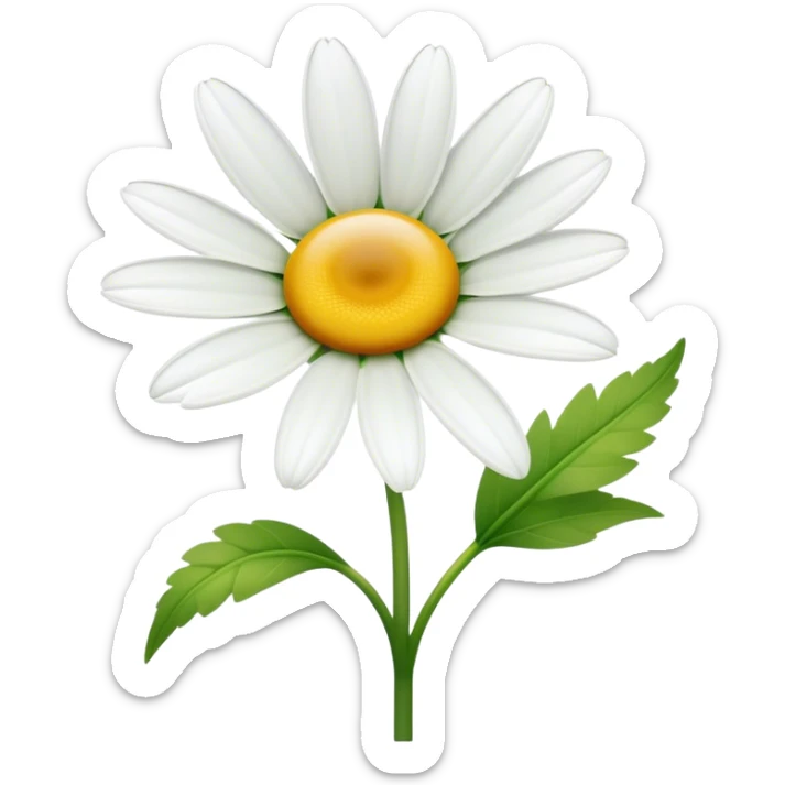 Cinematic Realistic Daisy Emoji, Cheerful and pure, with bright white petals surrounding a sunny yellow center, standing proudly atop a slender green stem. The soft, vibrant petals seem to radiate positivity, while a few green leaves frame the delicate flower. Soft glowing outline, capturing the essence of simplicity, innocence, and happiness in a single daisy. sticker
