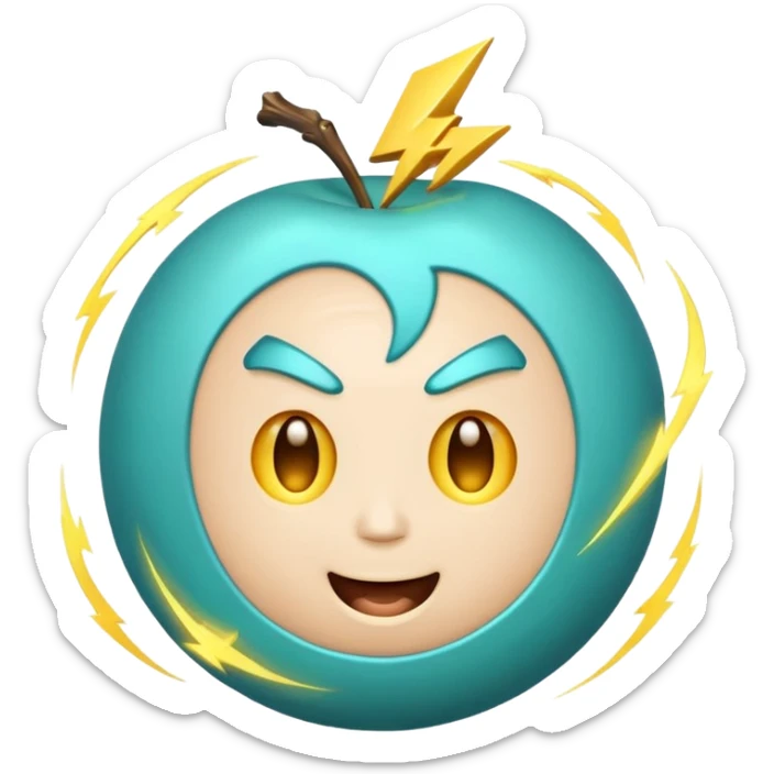 Uranus emoji in Apple-style, blue-green planet with rings, a big, excited, and playful face, and a single prominent yellow lightning bolt in front, radiating chaotic and electric energy. sticker