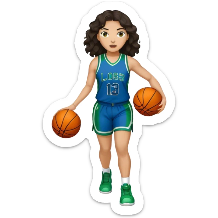 full figure light latino women basketball player with wavy dark hair wearing blue and green uniform sticker