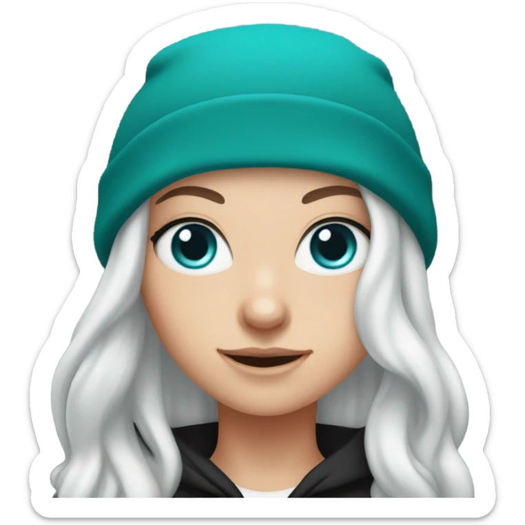 White girl, black hoodie, long teal hair, purple beanie hat, blue eyes sticker