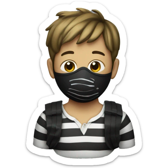 A boy with a striped shirt and a black mask and a money bag sticker