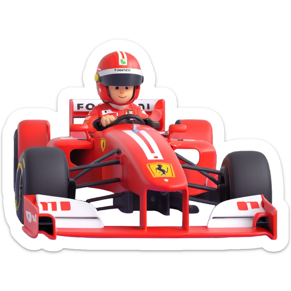 Close-up of Michael Schumacher in his 2004 Ferrari F1 car, focus on helmet and cockpit, red and white color scheme, racing atmosphere, emoji style sticker