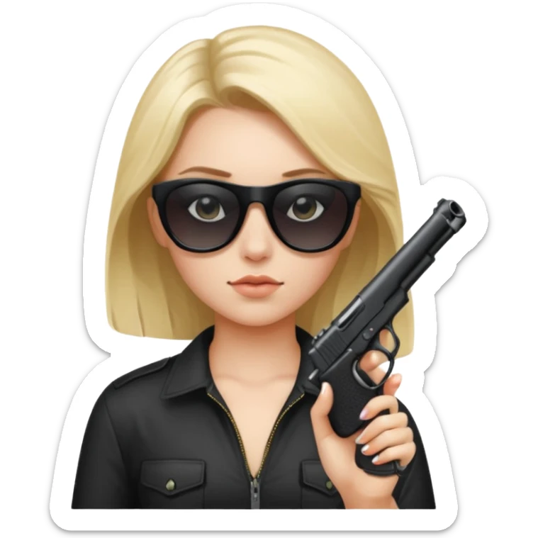 a girl with black sunglasses non see thru with a gun pointed at the camera sticker