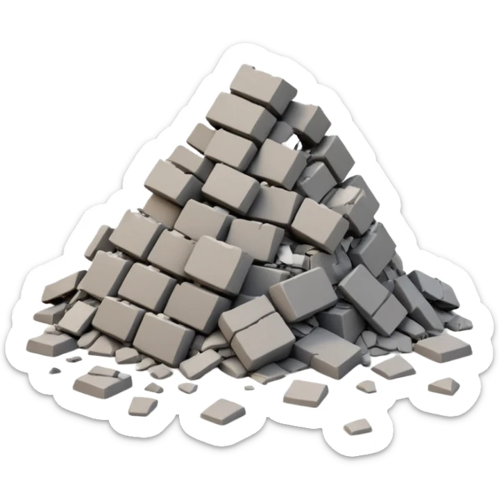 3D iPhone style emoji of a pile of bricks, roof pieces, and wall rubble, scattered and broken, isolated on white background, soft shadows, high detail, playful and cute sticker