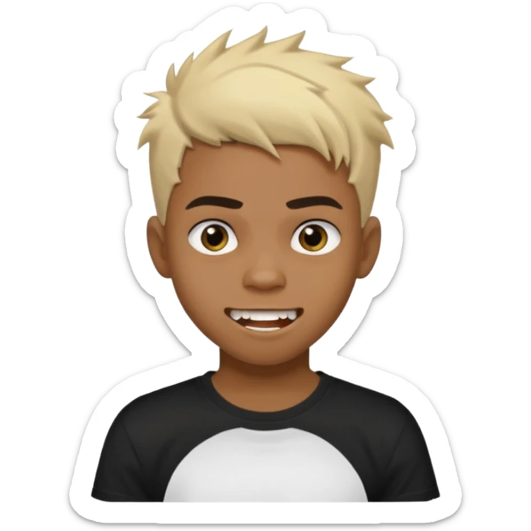 Black Male Teenager with Short punk messy blonde hair, Dark brown bushy eyebrows large expressive golden-brown eyes, wearing a plain white t-shirt, Dark Brown skin color. Fun teeth sticker