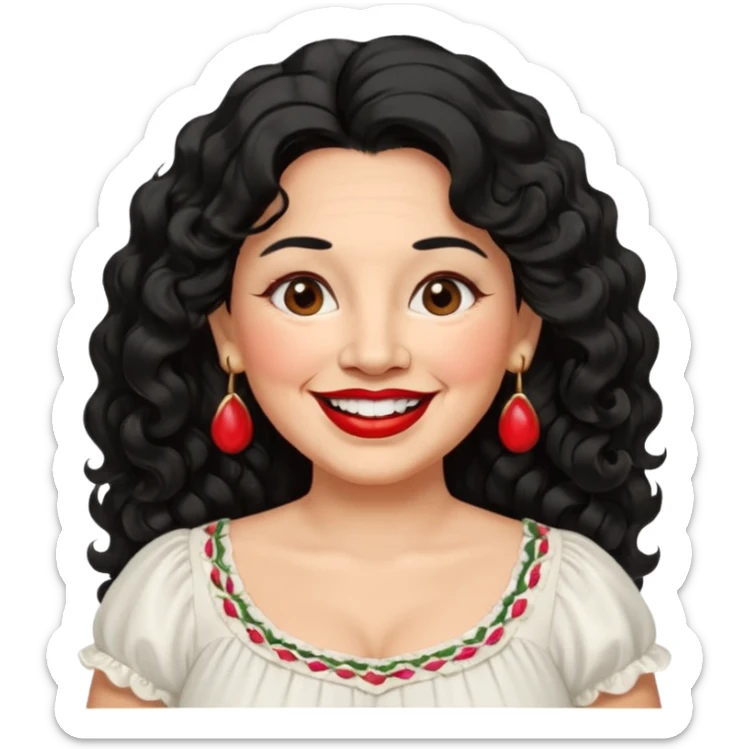60 yr old Mexican woman, slightly chubby, wavy/curly long black hair, red lipstick, big smile, white teeth, brown eyes, hoop earings, side part to hair, round face, pretty white dress, hair side swept, big hoop earing sticker