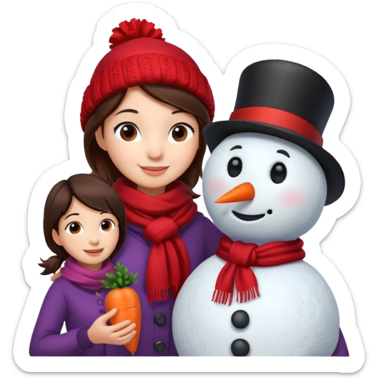 Cartoon girl with brown hair and scarf, building a snowman. Cartoon boy with black hair, placing a carrot nose on the snowman, smiling sticker