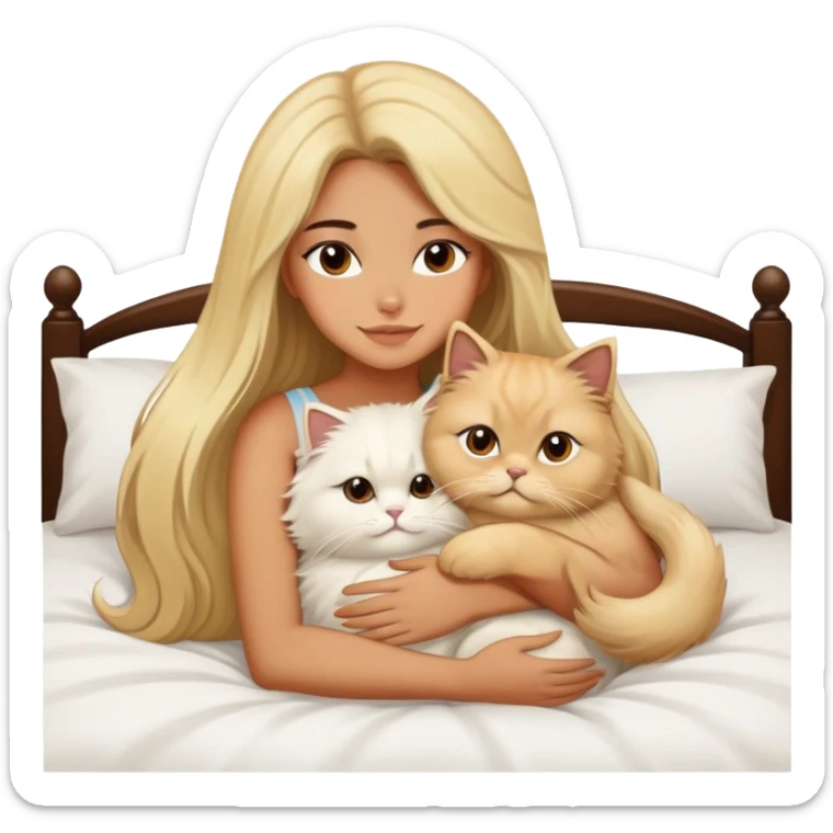 pretty girl with dark long hair hugging her blonde fluffy persian cat in bed sticker