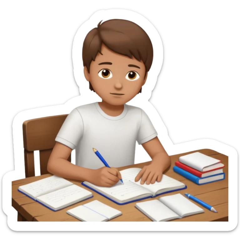 un niño escribiendo en un cuaderno en una mesa con muchas hojas y cuadernos al lado. sticker