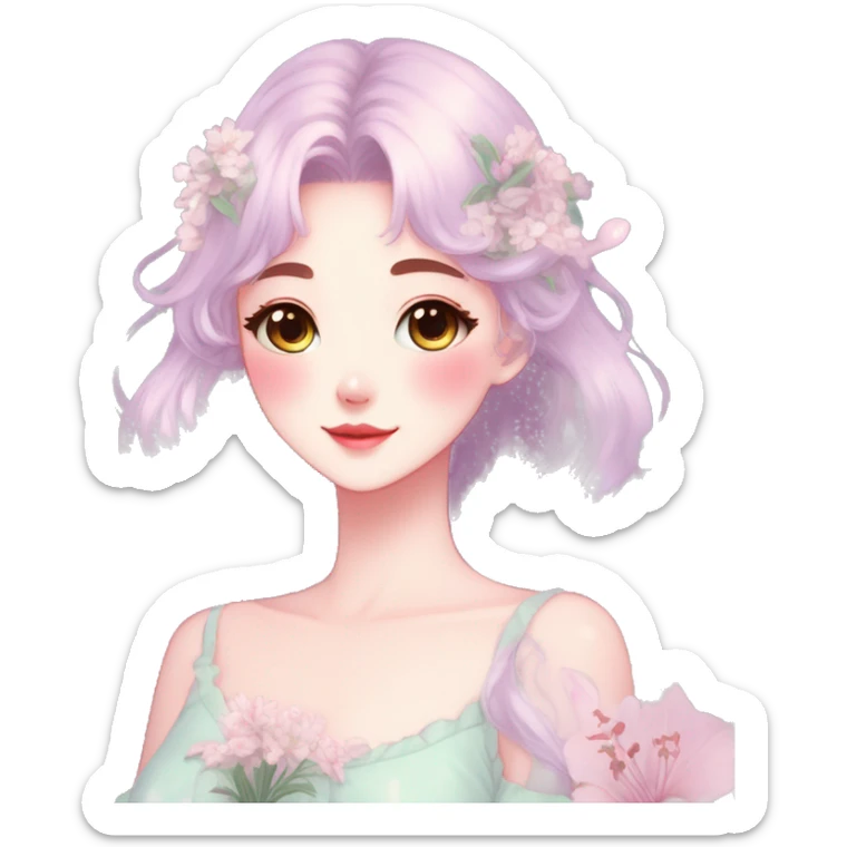 Gorgeous pastel anime style lady with blushing face and lilies cottagecore fairycore pastelcore colorful pearly romantic simplistic aesthetic trending style sticker