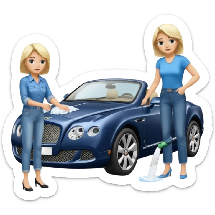 A fatter old blond lady in blue jeans washing a black Bentley car. show the full car and the lady next to it. show the face smaller and the person standing beside it sticker