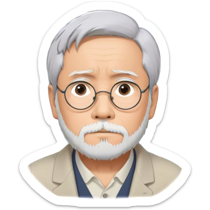 Hayao Miyazaki (filmmaker) – Cinematic Realistic Portrait of Hayao Miyazaki, portrayed with gentle, wise eyes and a thoughtful expression, set against a backdrop of whimsical sketches and animated landscapes reminiscent of Studio Ghibli, rendered with soft natural lighting and rich, detailed textures that evoke creative magic. sticker