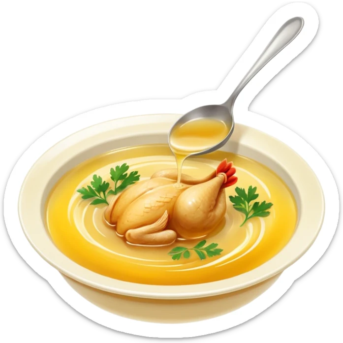 small glossy puddle or swirl of golden-yellow chicken broth, translucent and slightly oily surface with soft ripples suggesting warmth, rich inviting color with subtle tones of simmered poultry and vegetables, no bowl, spoon, herbs, or extras, soft lighting, subtle shadows, emoji scale sticker