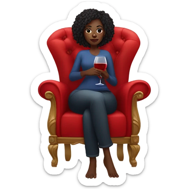 black girl sitting cross-legged on big red throne chair with one glass of wine in her hand sticker