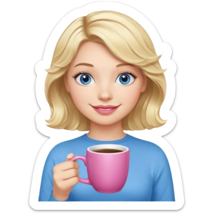 Girl Blonde short wavy hair,  blue eyes, cute blue top, long lashes, pink lips, holding white hot coffee mug sticker