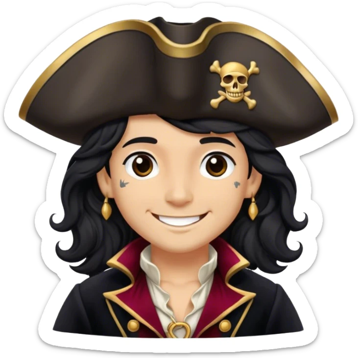 A charming pirate with wavy black hair, wearing a decorated tricorn hat and a velvet coat, smiling confidently sticker