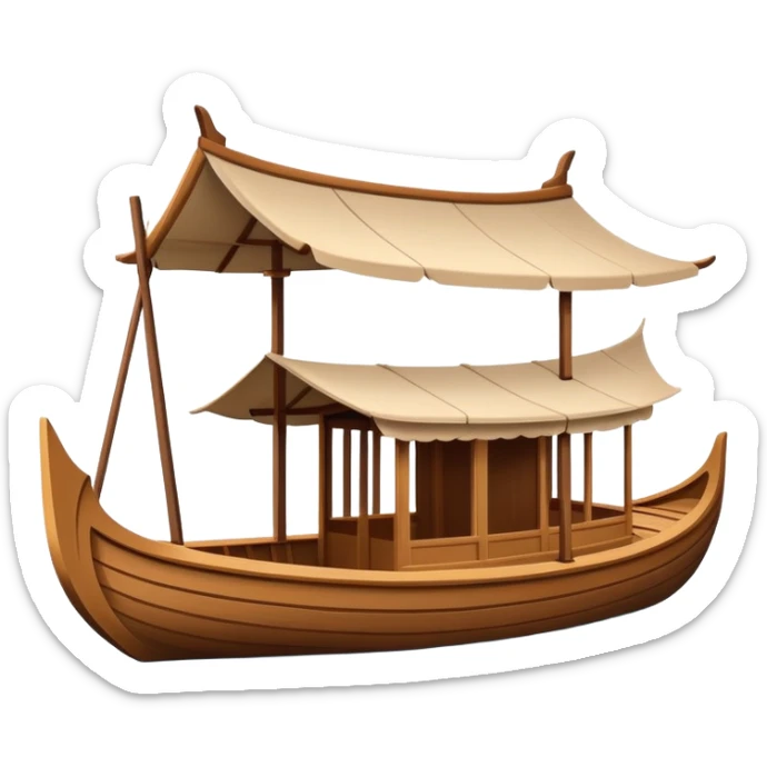 Traditional Chinese wooden boat on West Lake Hangzhou, simplified cute emoji style, wooden rowing boat with canopy, cartoon style sticker