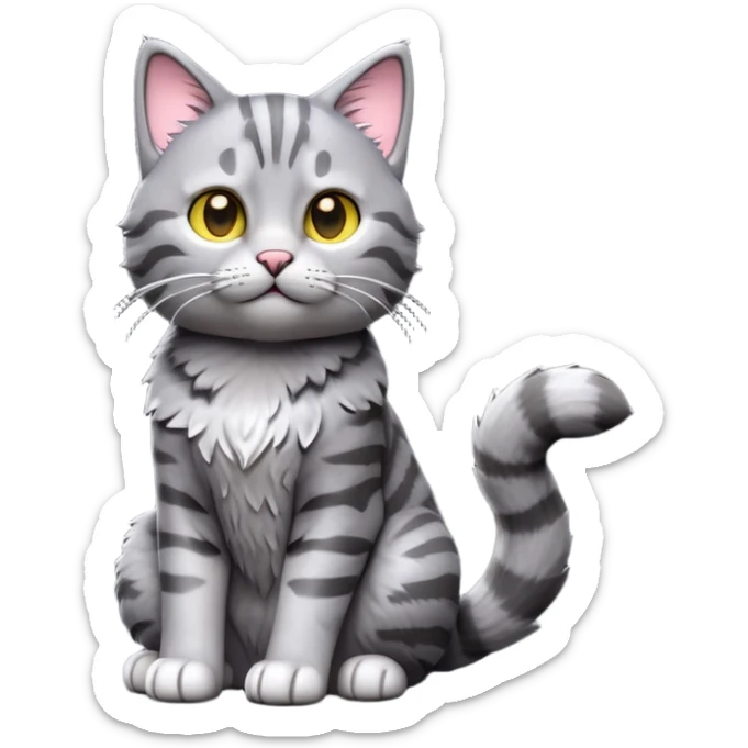 cinematic-[grey tabby cat]-realistic-full-body-sitting-emoji,-tail-curled-playfully-around-its-paws,-head-tilted-dramatically,-scruffy-[grey]-fur,-simplified-yet-realistic-focused-features,-highly-detailed,-glowing-with-an-almost-sarcastic-glow sticker