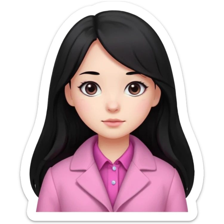 A cute girl, long black hair with 🎀, black eyes, wearing a pink coat and a pink shirt inside  sticker