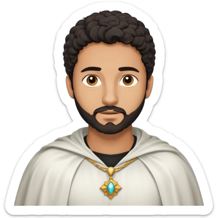 Apariencia: Joven de unos 25-30 años, atractivo,.
-Rostro: Ojos oscuros, piel ligeramente morena, rasgos árabes finos.
-Cabello: Negro, algo rizado o suelto, con barba fina.
-Vestimenta: Cuando es “Don Carlos”, viste como cristiano (camisa blanca, capa corta, colores sobrios). sticker