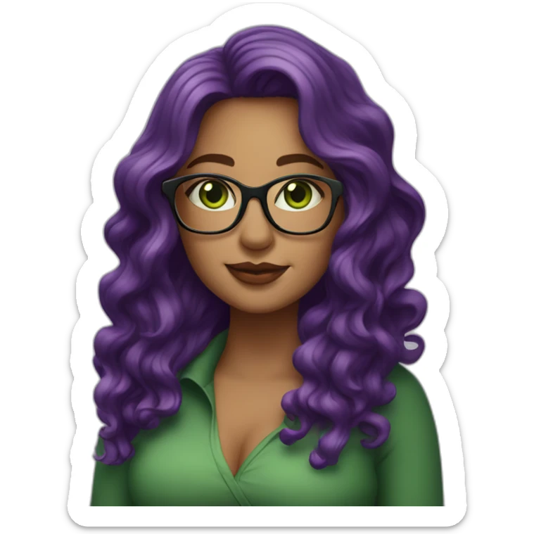 curvy-woman-purple-long-wavy-hair-green-eyes-square-glasses sticker