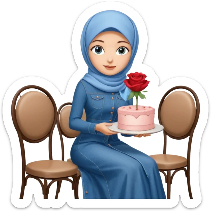 Turkish beautiful finish Konya girl blue eyes with denim hijab long tail dress and sits on the modernized coffee house on a white chair and holds rose cake with her hand  sticker