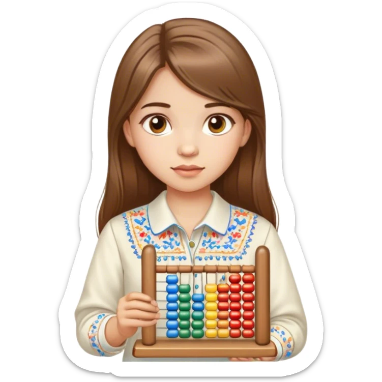 A Ukrainian girl with brown hair in an embroidered shirt holds an Abacus sticker