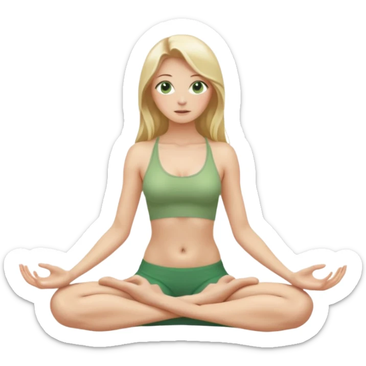 Naked woman tits out long blonde hair green eyes full body skinny legs no clothing sitting nude in yoga posture sticker
