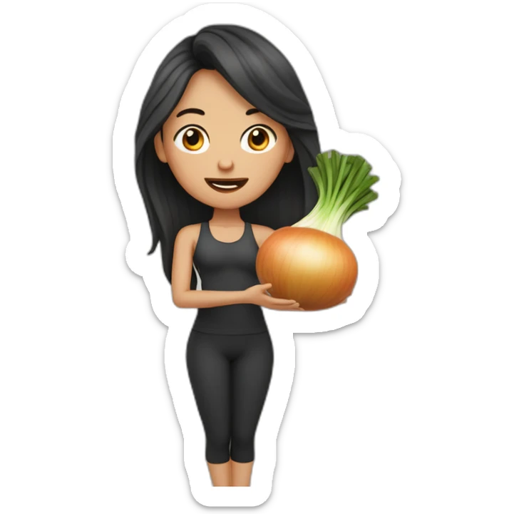 dark long hair yoga teacher feminine with an stinking onion in her hands sticker