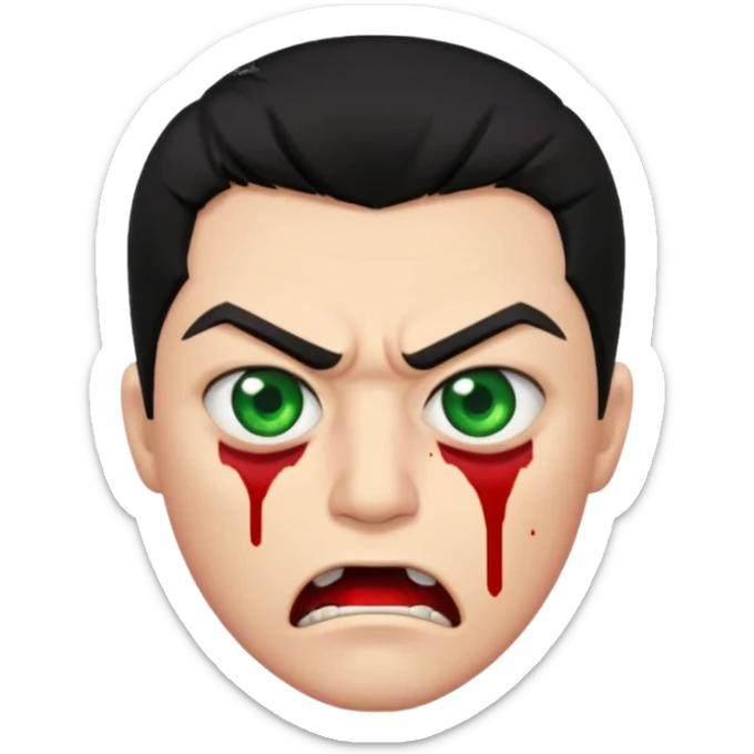 guy with black hair and blood at the mouth with green eyes very angry sticker