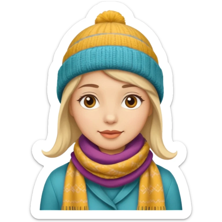 Woman with no hair wearing a cute hat with a scarf around the hat sticker