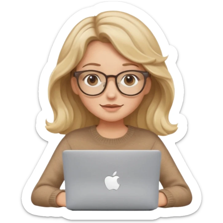 upper body view: blonde girl with dark blonde wavy hair, wearing pantos-style glasses and a brown sweater, sitting with a laptop, flat vector design, soft pastel colors, white background, Apple emoji style, upper body shot sticker
