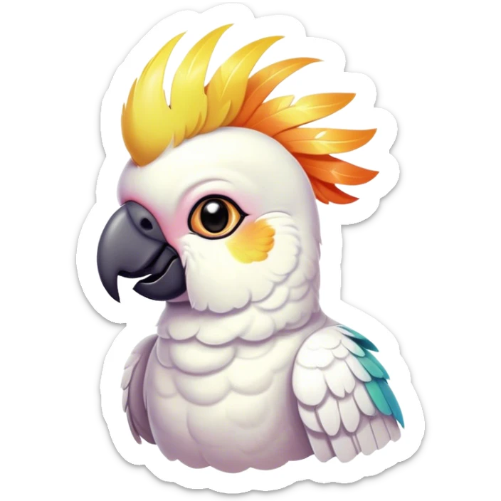 Cinematic Cute Cockatoo Portrait Emoji, Head tilted playfully and inquisitively, featuring a charming, fluffy form with a vividly colored crest, round, sparkling eyes full of playful wonder, and a soft, curved beak, Simplified yet irresistibly adorable features, highly detailed, glowing with a warm, inviting tropical glow, high shine, affectionate and lively, stylized with a touch of whimsical avian charm, soft glowing outline, capturing the essence of a mischievous yet loving cockatoo that seems as if it could flutter out of the screen into your arms! sticker
