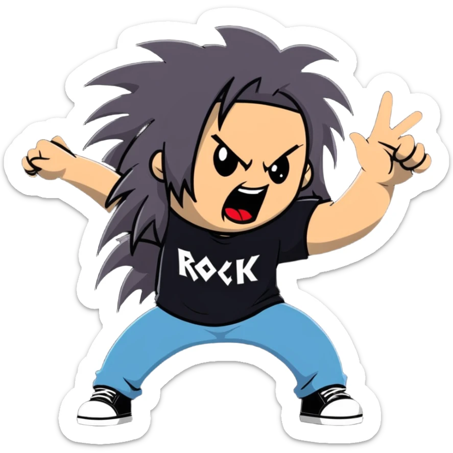 A metalhead headbanging with long hair, wearing a rock band t-shirt, excited expression sticker