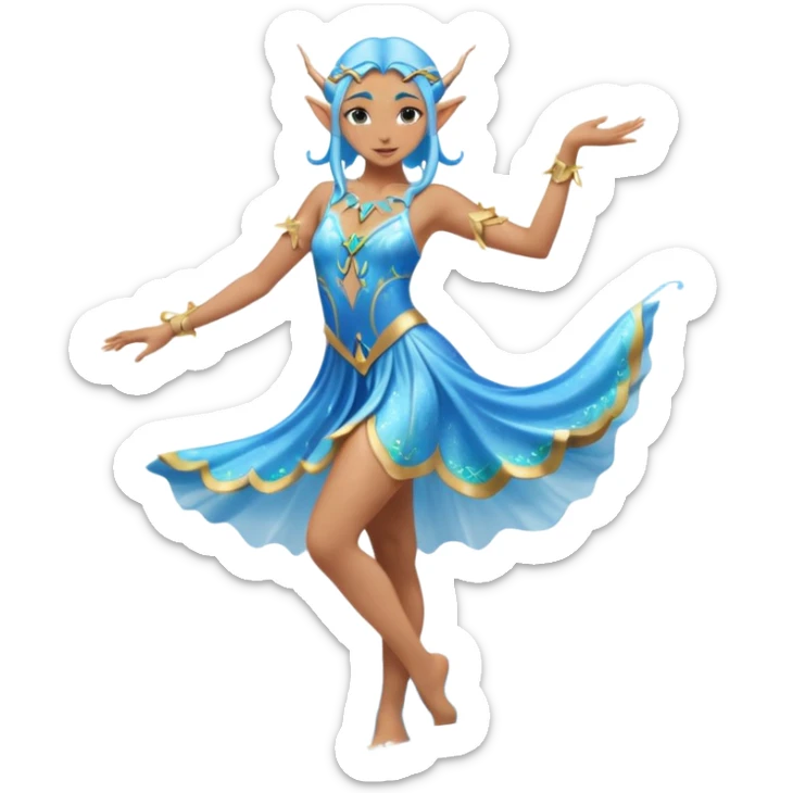 elf female dancer with water-like dress, graceful pose on wet sand, splashes, pointy ears, serene expression, centered emoji, ethereal blue colors sticker