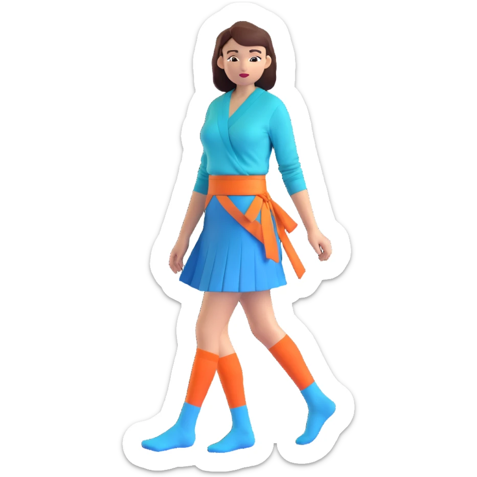 woman wearing teal wrap shirt, blue a-line skirt, light blue knee-high socks sticker