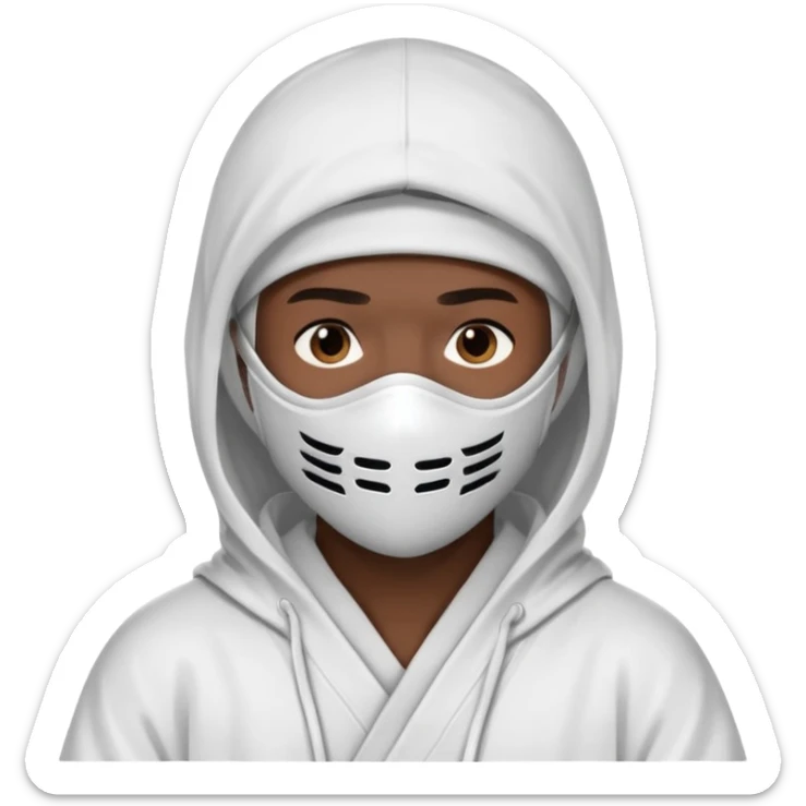 All white ninja robe with white mask to cover face and neck with a hoodie on and dark brown skin color sticker
