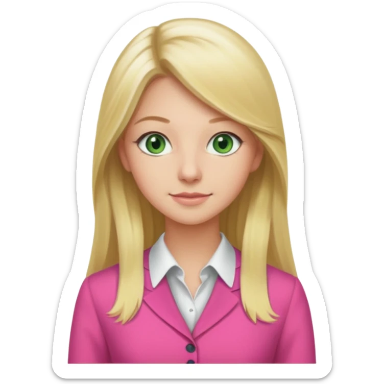 no background, long blonde hair, real estate broker, 20 years old, green eyes, cute pink corporate dress sticker