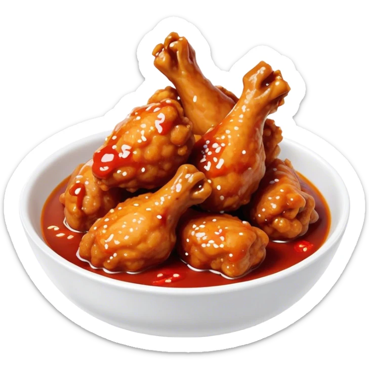 Korean Fried Chicken Cinematic Realistic Korean Fried Chicken Dish Emoji, depicted as bite-sized chicken chunks generously coated in a glossy, spicy sauce, in a bowl. sticker