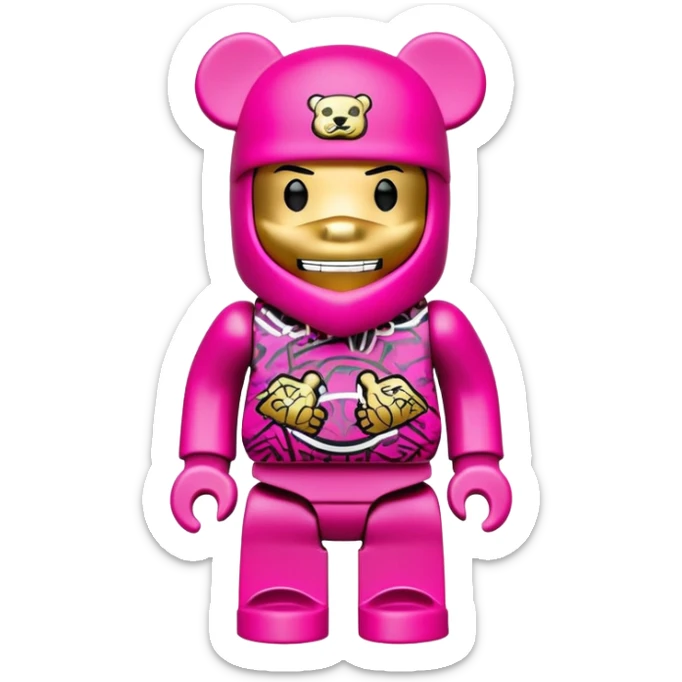 bearbrick toy figure wearing a bright pink balaclava with big pouty lips and gold grillz teeth visible, decorated with luxury brand logos and graffiti style patterns, striking a cool hip-hop pose with arms crossed confidently sticker
