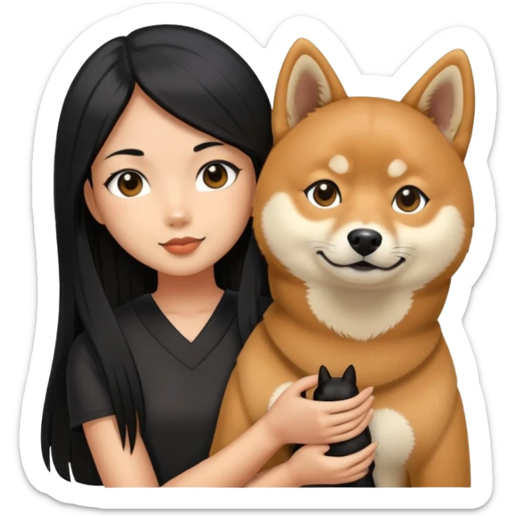 A girl with long black straight hair holding a black Shiba Inu sticker