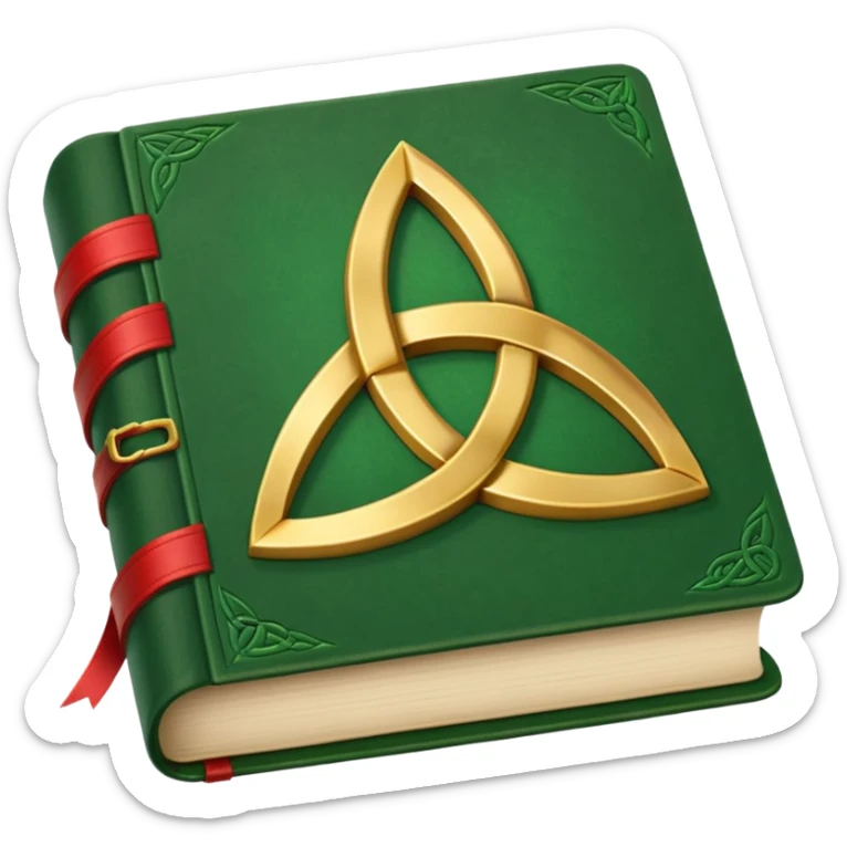 a green closed book with a golden triquetra on it with a red ribbon between the paged sticker