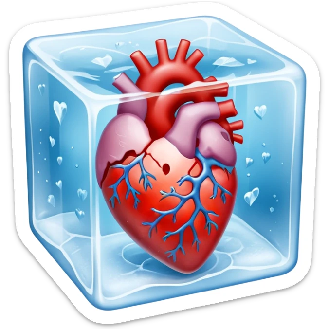 Ultra-realistic photo of a human heart frozen inside a clear ice cube, sharp details, icy texture, frost on the surface, studio lighting, 8k resolution sticker