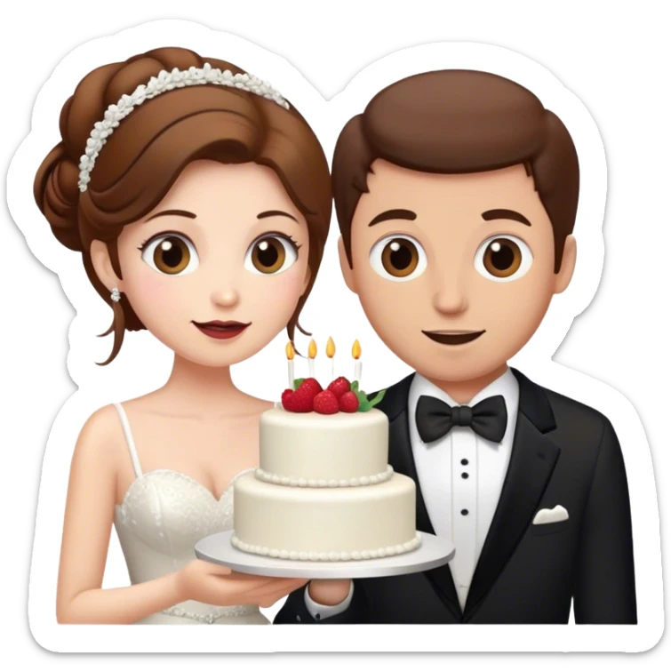 Wedding dress woman with brown hair and man in a tux with brown hair eating wedding cake sticker