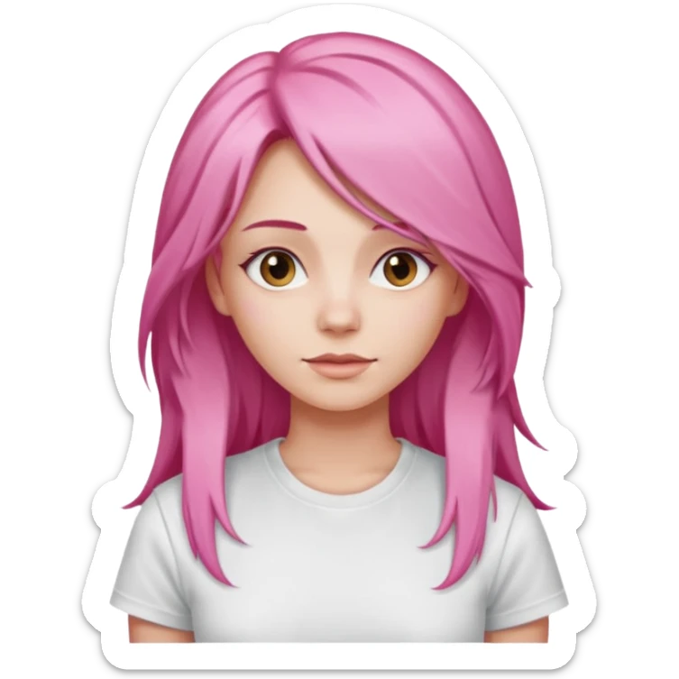 a woman with long layered pink hair, wearing white t-shirt sticker