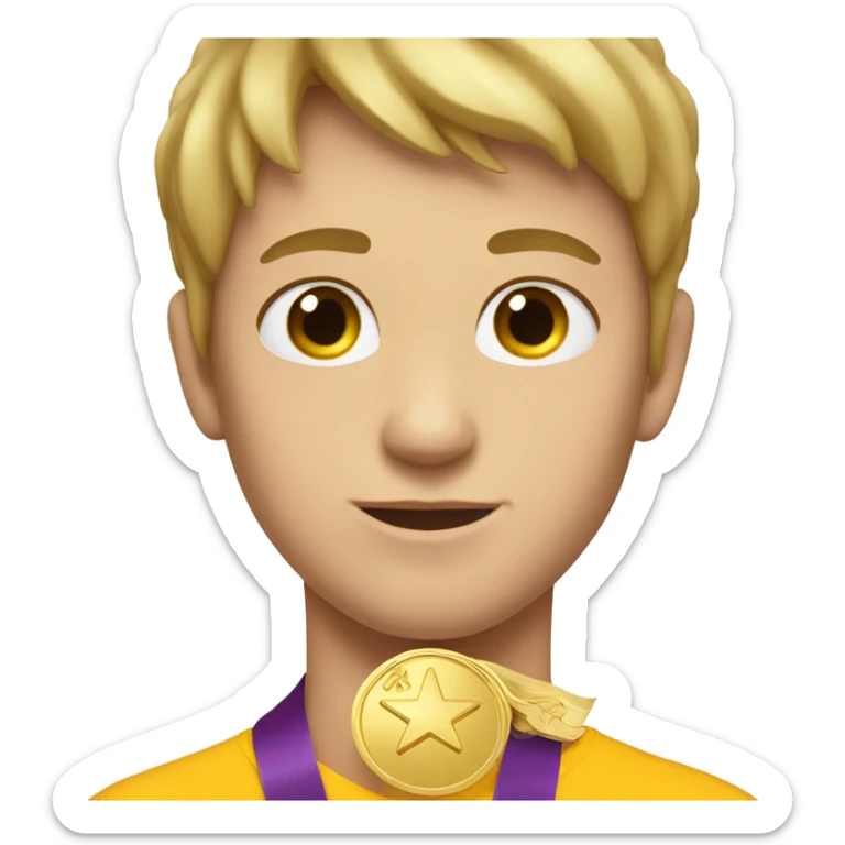White boy with gold medal on his neck near the sailboat sticker