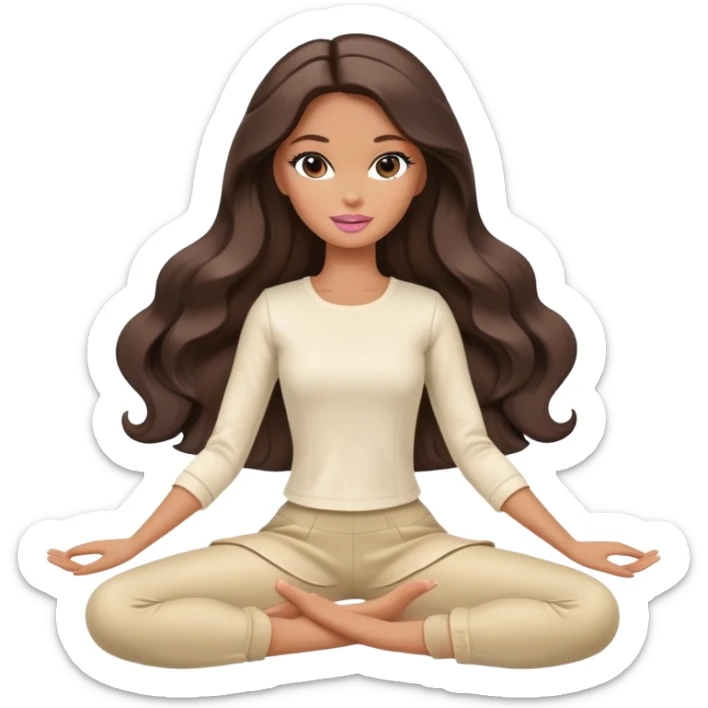 A white Barbie girl with long dark brown wave hair in a cream clothes Sitting on the splits sticker