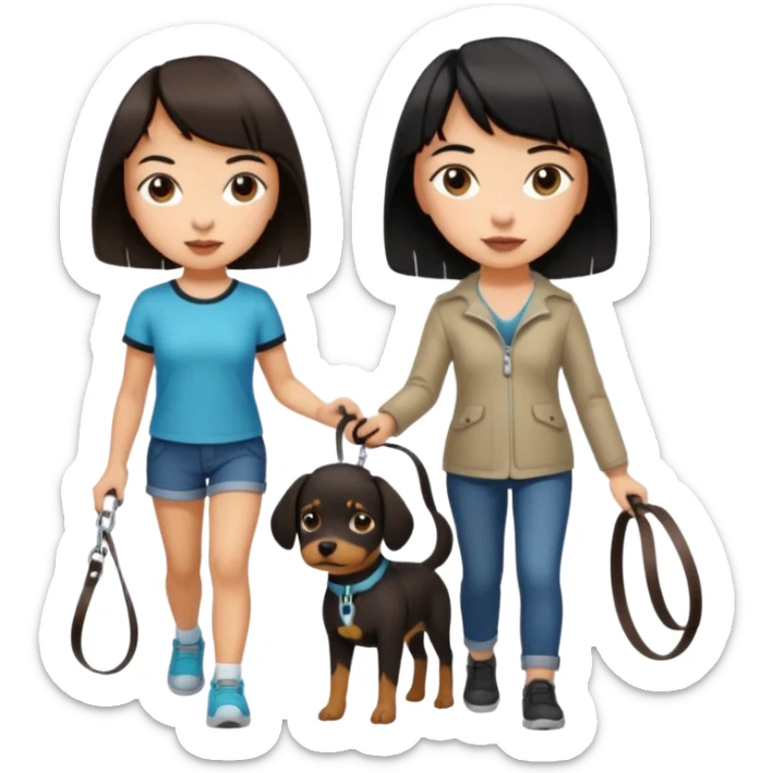 dark brown short haired girl walking a black haired girl with bangs on a dog leash sticker